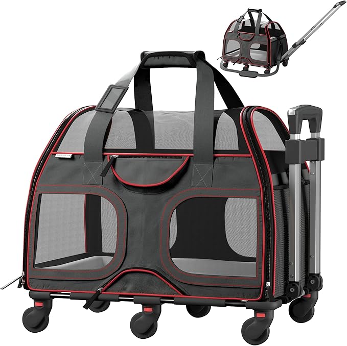 TSA and Airline Approved Pet Carrier with Wheels Katziela Luxury Rider for Dogs Cats Removable Base Flexible Top to Fit Under Seat Rolling Travel Bag (Black/Red)