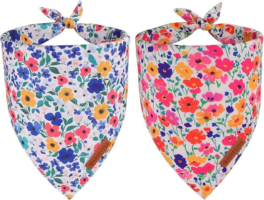 ADOGGYGO Floral Dog Bandanas 2 Pack, Reversible Cute Flower Scarf, Premium Fabric, Adjustable Fit Pink Blue Floral Bandanas for Extra Large Dogs (X-Large)