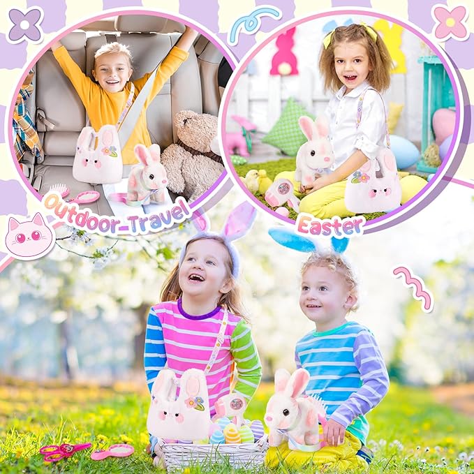 Easter Bunny Toys for Kids with Crossbody Bags, Easter Basket Stuffers Interactive Hopping Wiggle Ears Rabbit Toy, Pretend Play Robot Pet Care Cute Stuff for Girls Trip Plushies Birthday Gifts