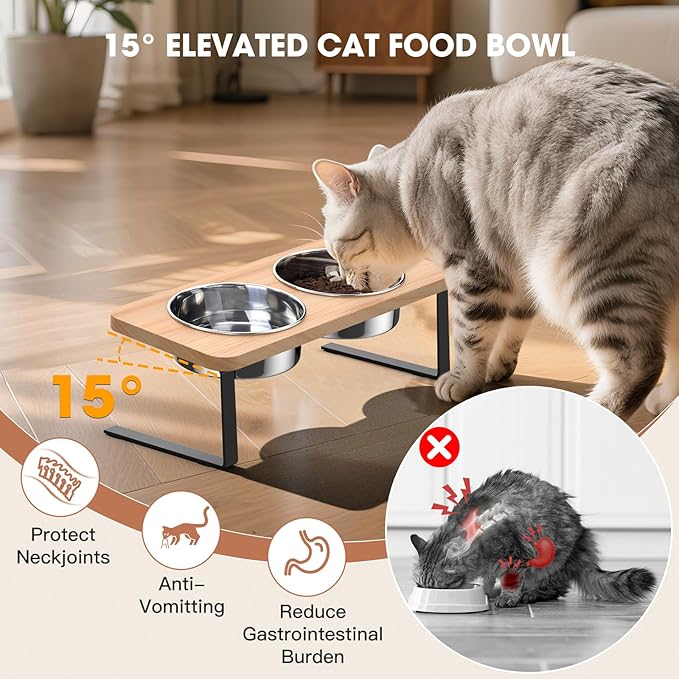 Elevated Cat Bowls, 15° Tilted Raised Cat Food Bowls Wood Pet Bowls with Stand Anti Vomiting 2 Stainless Steel Bowls for Cats and Puppy