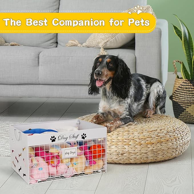 Dog Toy Basket - Large Dog Toy Box with Handles and Label Position Design for Living Room, Metal Dog Toy Bin Storage for Dogs Chew Pets Toys, Blankets, Clothes, Food (White)