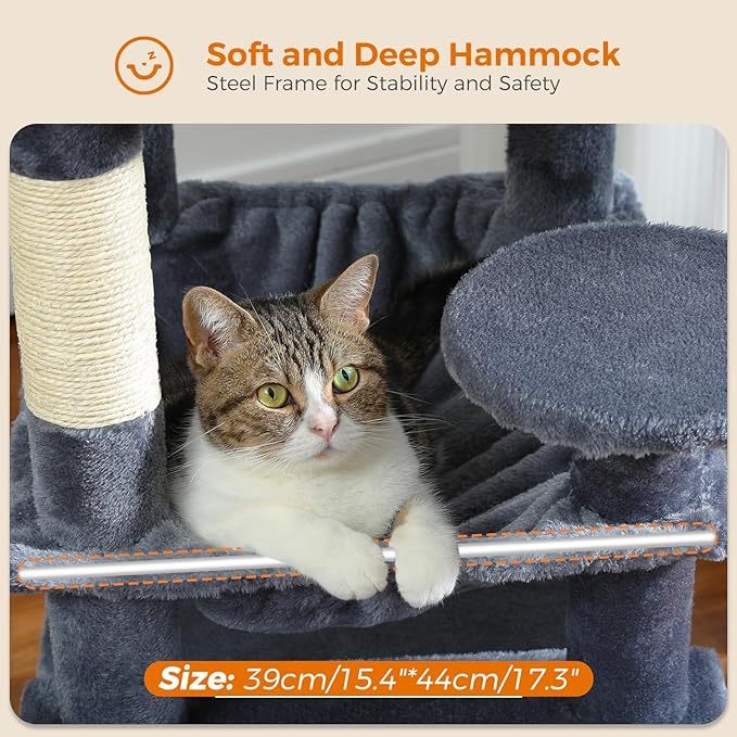 PAWZ Road Cat Tree, 53.5 Inches Tall Cat Tower with Spacious Hammocks, Condos and Scratching Posts, Cat House with Dual Padded Perches for Indoor Large Cats-Dark Gray