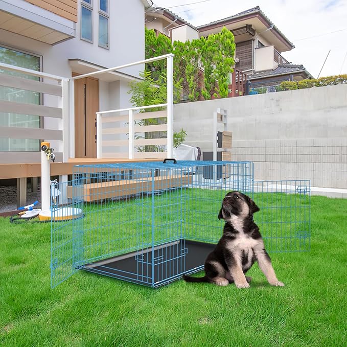 PayLessHere Small Dog Crate Kennel 24 inches Metal Dog Cage Double-Door Folding Travel Indoor Outdoor Puppy Playpen with Divider and Handle Plastic Tray,Blue