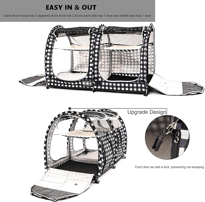 Mispace Portable Twin Compartment Show House Cat Cage/Condo - Easy to Fold & Carry Kennel - Comfy Puppy Home & Dog Travel Crate with Carry Bag/Two Hammocks/Mats and Collapsible Litter Box