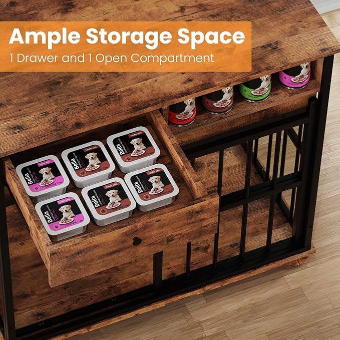 35.5" Dog Crate Furniture, Wooden Dog Crate Furniture for Medium Small Dogs, Wooden Dog Kennel End Table with Drawer and Open Shelves, Sliding Door Dog Kennel Furniture