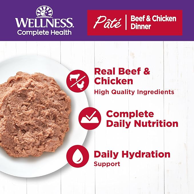 Wellness Complete Health Pate Adult Wet Cat Food, Natural, Protein-Rich, Grain Free, 12.5 Ounce, 12 Pack, (Beef & Chicken)