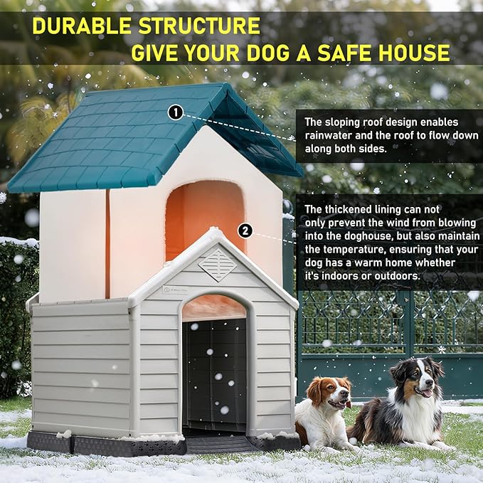 LEMBERI Durable Waterproof Plastic Dog House for Small to Large Sized Dogs, Indoor Outdoor Doghouse Insulated Puppy Shelter with Elevated Floor, Easy to Assemble (Blue with Liner, 42''L*38''W*39''H)