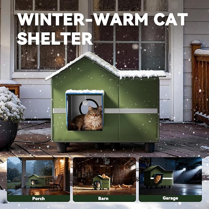 Heated Cat Shelter for Outside, Large Outdoor Cat House with Roof Window and Cozy Cushion, Weatherproof Foldable and Easy Assembly Design, Ideal for Stray and Feral Cats
