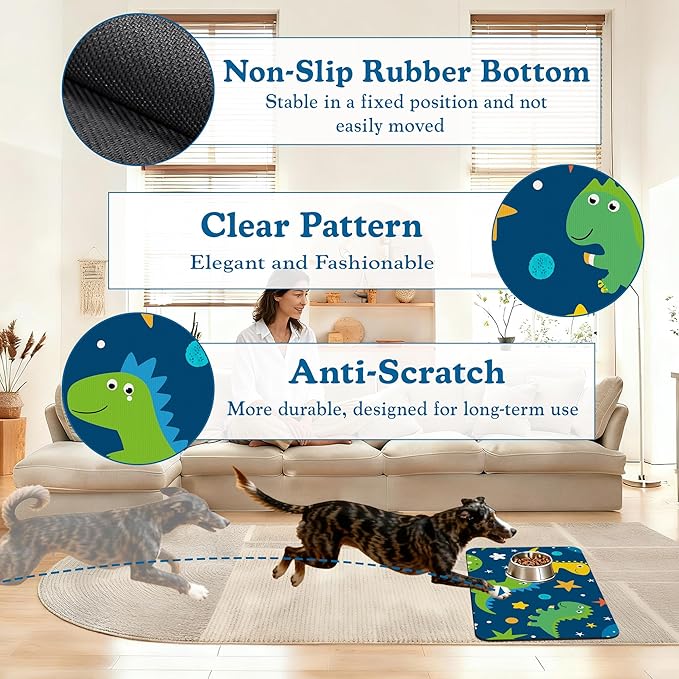 Cartoon Dino Pet Feeding Mat–Quick Dry Absorbent Dog Cat Food Mat, Non Slip Waterproof Bowl Placemat for Messy Eaters, Pet Accessories for Floors 16"x24"