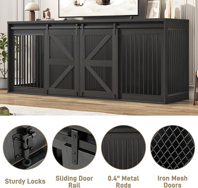87In Farmhouse Dog Crate TV Stand, Wooden Dog Kennel Furniture with Sliding Metal Mesh Barn Door, Large Dog Crate Furniture for 2 Dogs, Solid Metal Tube & 2 Lockable Doors, Black