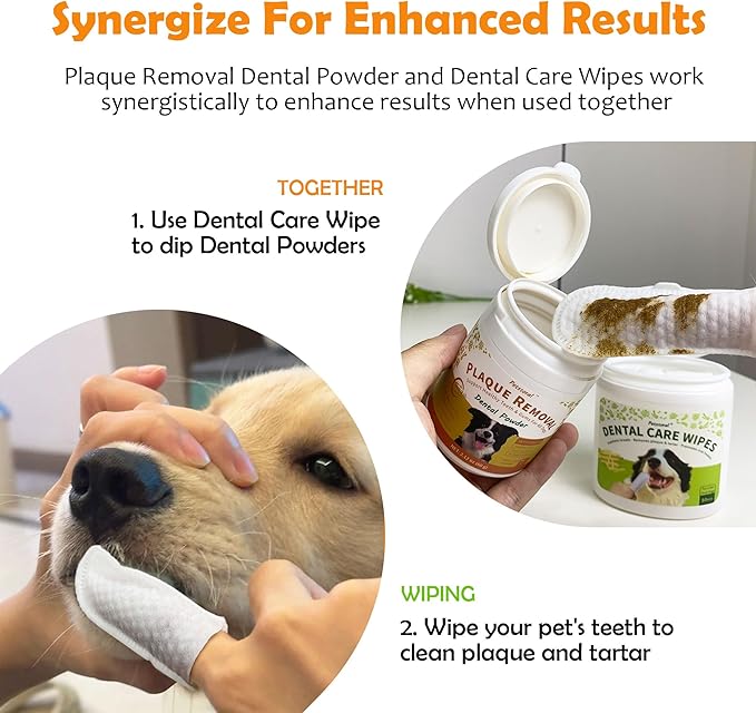 Dental Cleaning Kit, Dental Care Wipes to Clean Plaque on The Surface of The Teeth, Beef Liver Flavour Dental Powder with Probiotic to Solve Oral Problems from The Inside of Digestion