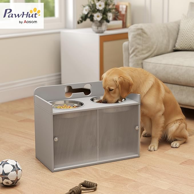 PawHut Elevated Dog Bowls with Storage, Raised Dog Bowl Stand with 2 Stainless Steel Food Dishes and Slow Feeder, Pet Feeding Station for Large Breeds, Gray