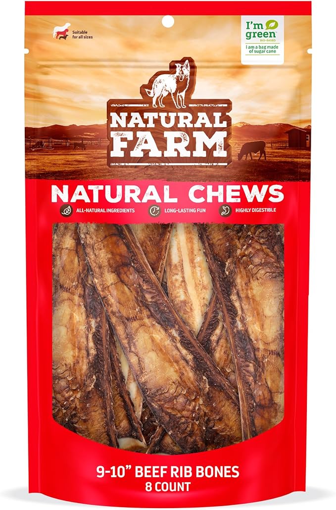 Natural Farm Rib Bones for Dogs (9-10 Inch, 8 Pack) - Beef Ribs, Farm-Raised Cattle - Slow-Roasted Flavor Treats, Promotes Dental Health, Great for Medium and Large Dogs
