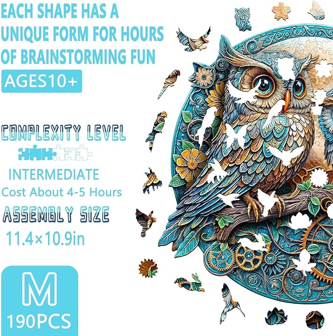 Wooden Puzzles for Adults - Embossed Owl Puzzle, Unique Shape Wooden Jigsaw Puzzle for Adults, Wood Puzzles Adult, Good Gift Idea for Family, Wall Art Home Decor (M-11.4 * 10.9in -190 Pieces)