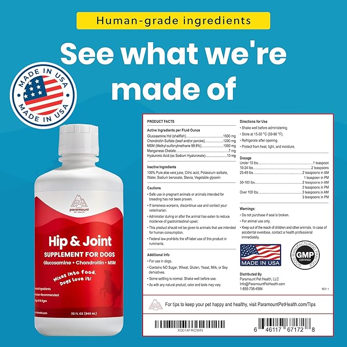 Paramount Pet Health Liquid Glucosamine for Dogs, 1600mg Glucosamine Chondroitin MSM, Hip & Joint Supplement for Large Dogs, Liquid Arthritis Relief & Mobility Support, 32 oz