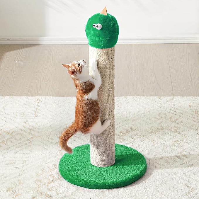Indoor Cat Scratching Post: 22 in Tall Cat Scratcher with Natural Sisal Rope, Cute Monster Design Kitty Pet Tower with Sturdy Wood Base, Great Gift for Small and Large Kittens, Green