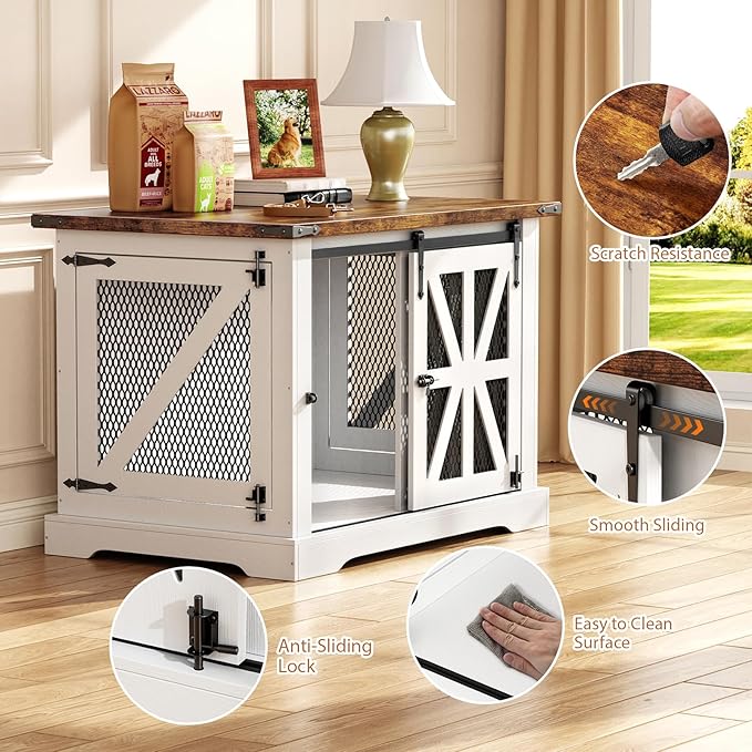 VOPEAK 40" Farmhouse Dog Crate Furniture, Heavy Duty Dog Crate for Medium Large Dogs, Dog Cage Dog Kennel Indoor with Double Doors, Chew Resistant End Table for Bedroom Living Room, White