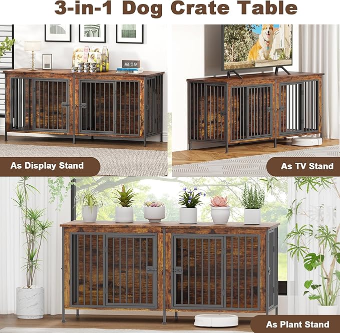 EasyCom Dog Crate Furniture for 1 or 2 Dogs, Heavy Duty Single/Double Dog Crates for Small/Medium/Large Dogs, Dog Kennel Furniture Indoor as TV Stand, Medium Size 63" L(20-35 Pounds), Brown