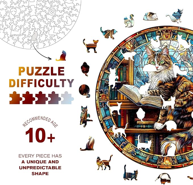 Wooden Puzzles for Adults - Challenging Maine Cat Library Adult Puzzle, Unique Animal Shaped Wooden Jigsaw Puzzles for Adults, Creative Gifts Family Games 13.4 * 13.4in 300pcs