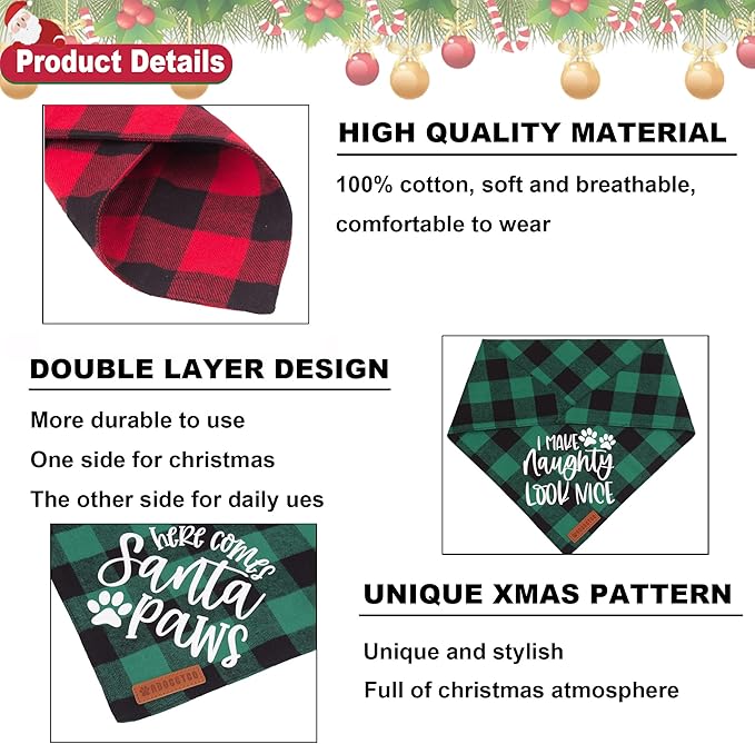 ADOGGYGO Christmas Dog Bandanas 4 Pack, Classic Plaid Triangle Pet Scarf Bibs Kerchief, Multiple Sizes Offered, Red Green Christmas Holiday Bandanas for Small Dogs Pets (Small)