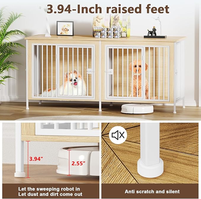 EasyCom Dog Crate Furniture for 1 or 2 Dogs, Heavy Duty Single/Double Dog Crates for Small/Medium/Large Dogs, Dog Kennel Furniture Indoor as TV Stand, Medium Size 63" L(20-35 Pounds), Off White