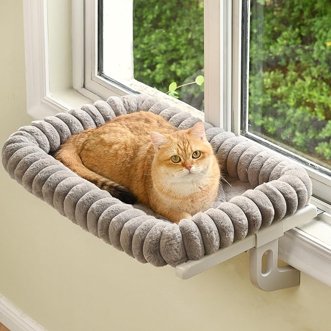 Cat Window Sill Perch,‌ 4-Sided Cushion Bolster Cat Window Seat with ‌Sturdy Frame,‌ ‌Easy Adjust Window Sill Mount Pet Bed for Indoor Cats (Gray, Medium)