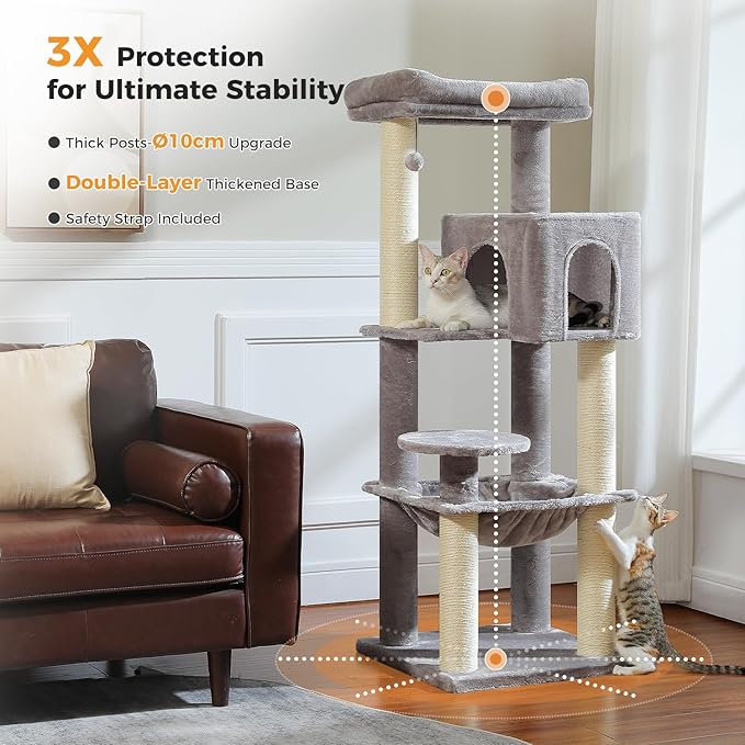 Large Cat Tree for Indoor Cats Large Adult, 57.8" Heavy Duty Cat Tower with 4 Reinforced Scratching Posts (φ3.7in) and Plush Larger Hammock for Maine Coon & Big Cats, Supports 30lbs, Grey