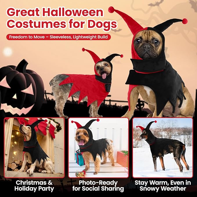 QBLEEV Dog Halloween Costume, Funny Party Circus-Inspired Cosplay with Hood & Cape, Winter Warm Pullover Clothes for Cold Weather, Adjustable Pet Outfit Hoodie for Small Medium Large Dogs