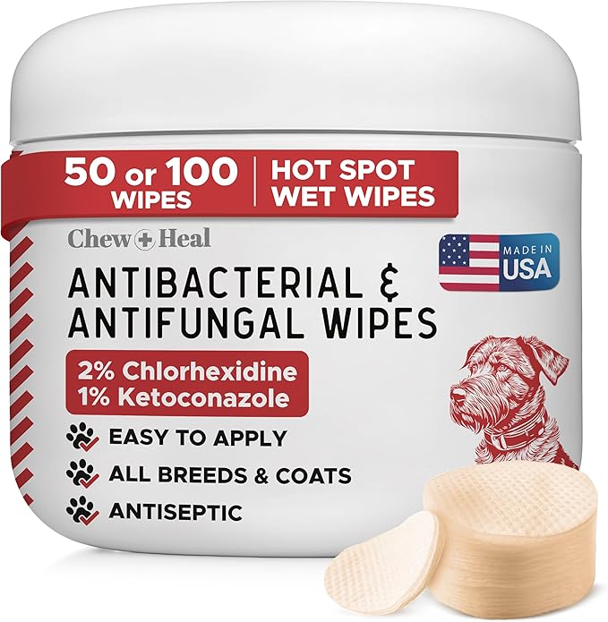Dog Paw Wipes Antibacterial 50 Count - Antifungal Wipes for Dogs with 2% Chlorhexidine and 1% Ketoconazole - Good for All Breeds - Made in The USA