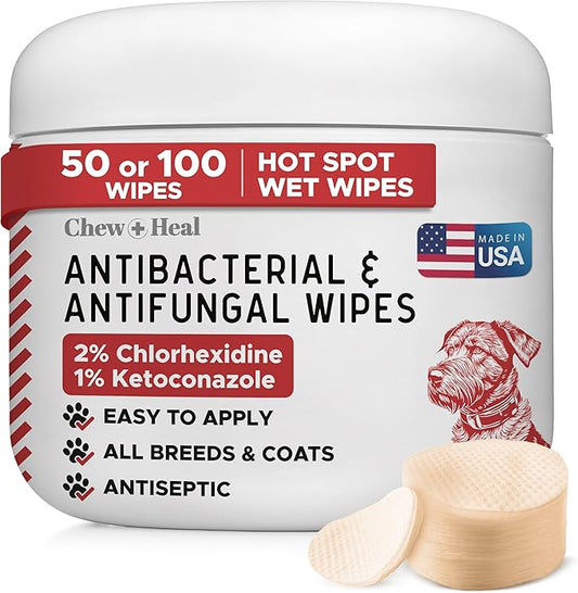 Dog Paw Wipes Antibacterial 100 Count - Antifungal Wipes for Dogs with 2% Chlorhexidine and 1% Ketoconazole - Good for All Breeds - Made in The USA