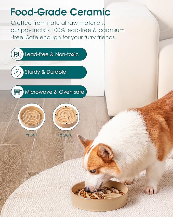 vancasso Slow Feeder Dog Bowl, 1.5 Cup Ceramic Slow Feeding Food Dish for Small and Medium Breed, Puzzle Dog Food Bowl for Fast Eater, Brown