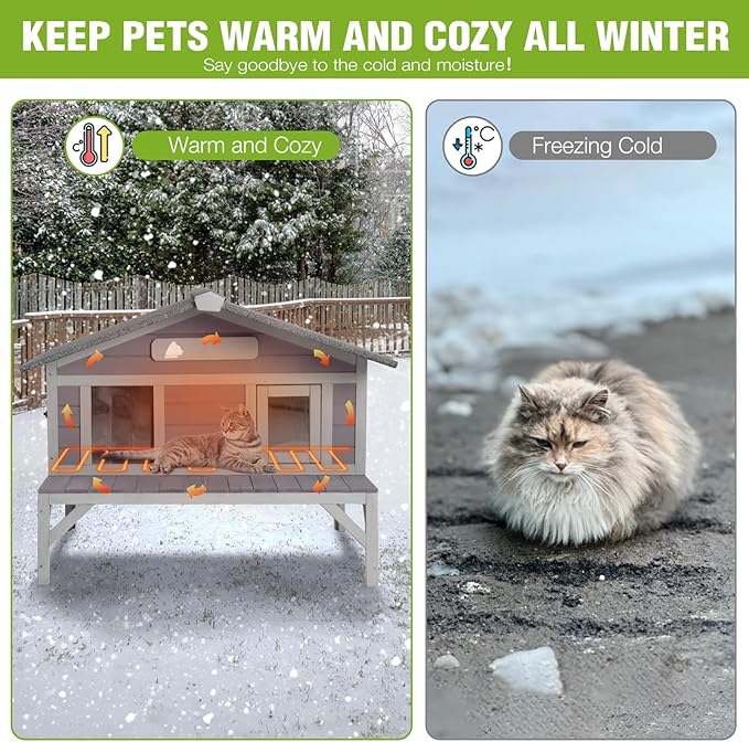 GUTINNEEN Heated Cat House Large Insulated Cat House Outdoor Weatherproof Feral Cat Shelter with Heated Pad, Insulated All-Round Thermal Liner for 1-4 Cats (Winter-Ready)