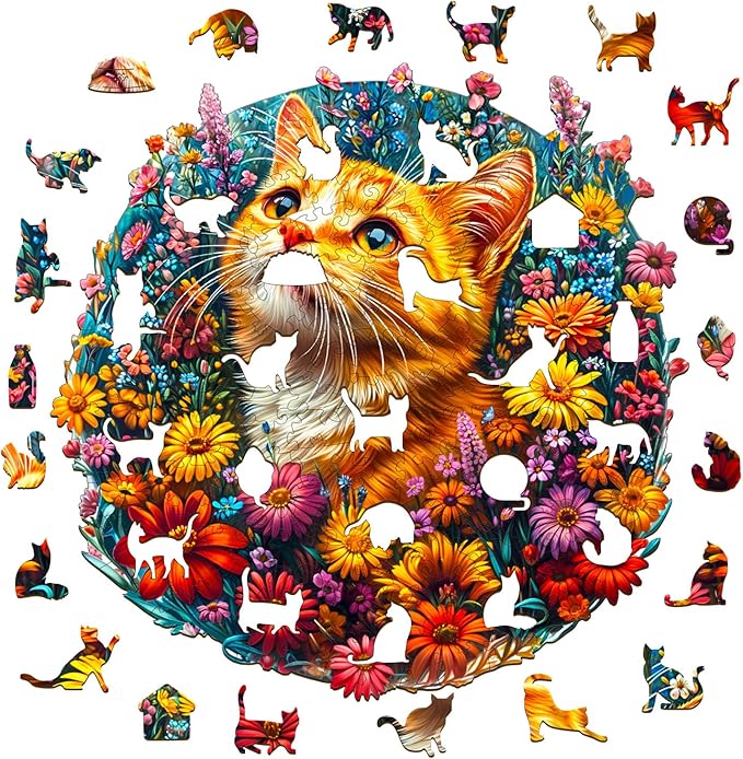 KAAYEE Wooden Puzzles for Adults, Cat in Flowers 280 Piece Unique Animal Shape Puzzle, Cat Wood Puzzle for Adults, Creative Gifts for Friends/Family, Home Decor(13.4 * 13.4in)