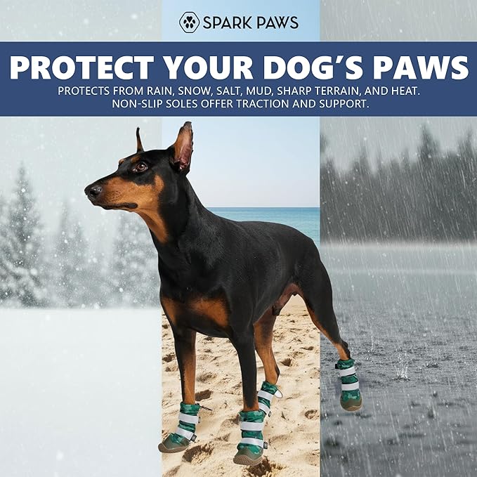 Spark Paws Dog Shoes, Waterproof Dog Boots for Medium to Large Dogs, Non Slip, Breathable Dog Booties and Paw Protectors - 4PCS Doggie Hiking Boots with Reflective Straps, Green Camo, Size 5