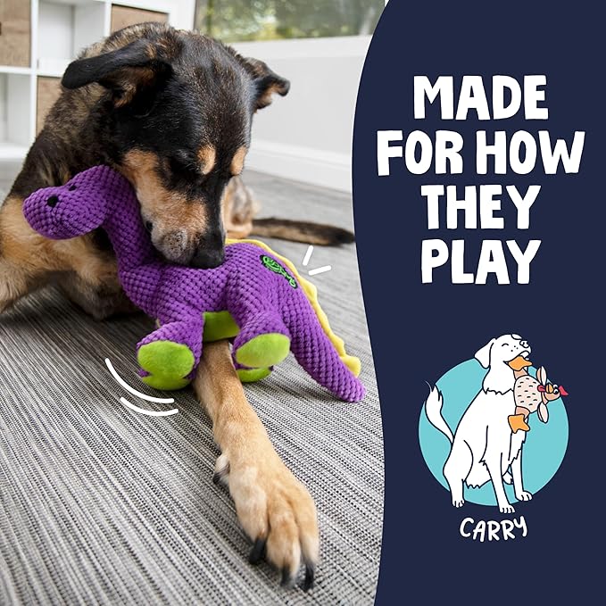 goDog Dinos Bruto Checkers Tough Plush Toy with Chew Guard Technology, Durable Checkered Fabric & Squeaker for Active Play, Purple, Large