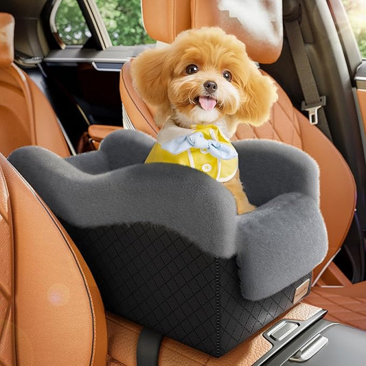 Portable Small Dog Seat for Car, Luxury Center Console Dog Car Seat Booster with Safety Tethers, Anti-Collapse Pet Travel Carseat for SUV, Truck (Black/Grey)