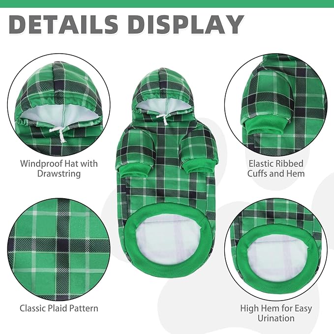 KOOLTAIL Plaid Dog Hoodie for Small Medium Large Dogs - Pet Clothes Sweater with Hat and Pocket for Cold Weather Winter, Warm Soft Dog Hooded Sweatshirt Coat Outfit for Puppy Cats Girls Boys Green M