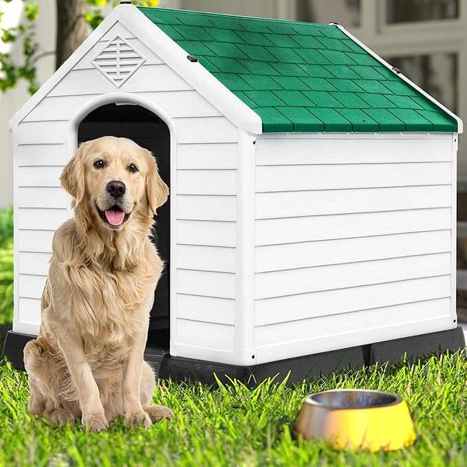 DWVO Plastic Dog House, Weatherproof Outdoor/Indoor Doghouse, Puppy Kennel with Air Vents and Elevated Floor