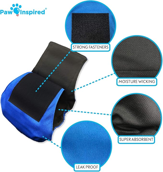 Paw Inspired 3-Count Reusable Male Dog Wraps, Washable Diapers for Male Dogs, Belly Bands for Incontinence, Surgery, Male Marking (XS Size, Assorted Colors with Black Lining, Pack of 3)