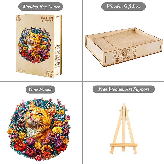 KAAYEE Wooden Puzzles for Adults, Cat in Flowers 100 Piece Unique Animal Shape Puzzle, Cat Wood Puzzle for Adults, Creative Gifts for Friends/Family, Home Decor(8.5 * 8.5in)
