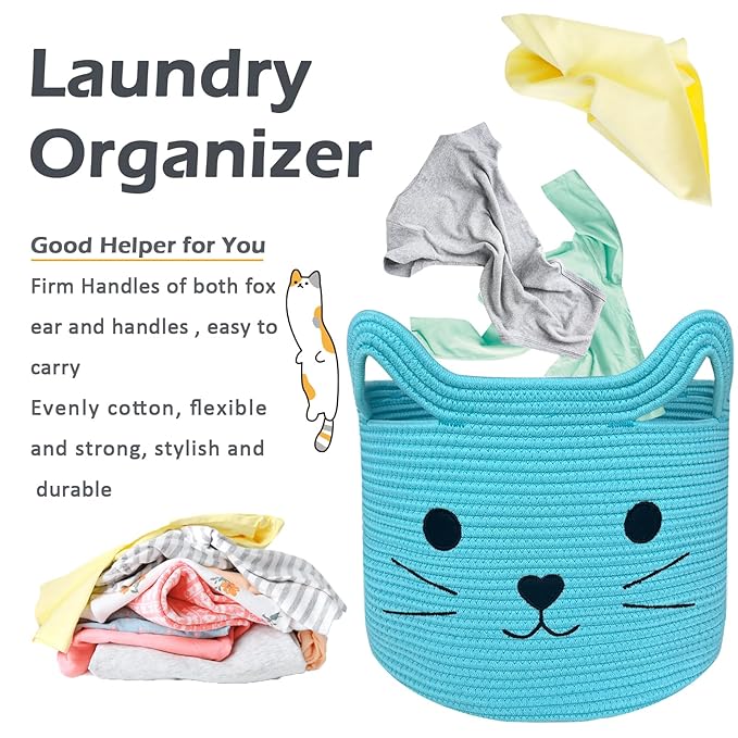 VK VK·LIVING Large Cat Toy Basket with Handles 15"Lx14"H Cotton Rope Toy Box with Cat Design, Cute Animal Basket for Laundry, Baby, Towels, Blankets, Woven Cotton Rope Storage Organizer Blue