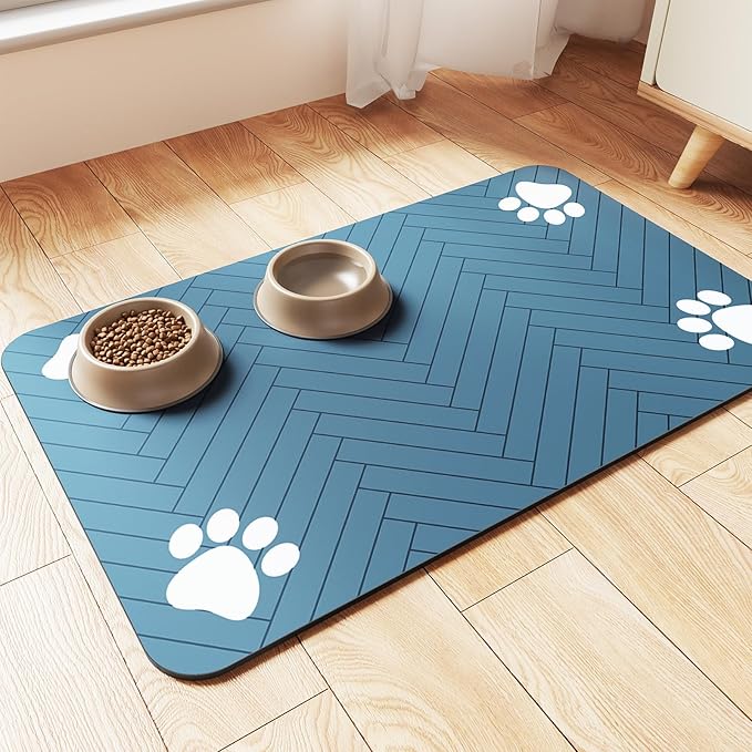 Pet Feeding Mat-Absorbent Pet Placemat for Food and Water Bowl, with Waterproof Rubber Backing, Quick Dry Water Dispenser Mat for Dog and Cat (20"x12", Blue)
