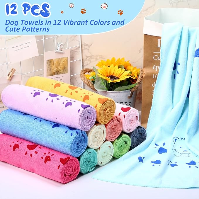 Moukeren 12 Pcs Dog Drying Towel Bulk 20'' x 39'' Microfiber Dog Bath Grooming Towels Absorbent Soft Quick Drying Cat Bathing Supplies for Small Medium Puppy Cat
