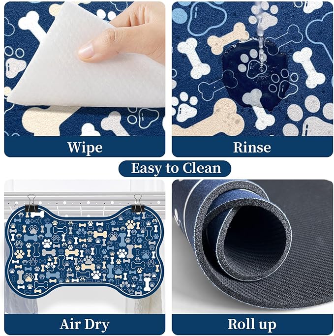 Dog & Cat Food Mat Bone Shaped Pet Feeding Mat Quick Absorb Water Bowl Placemat with Rubber Backing Indoor Floor Stain Resistant Pet Accessory Supplies (Blue, 17x29 Inches)