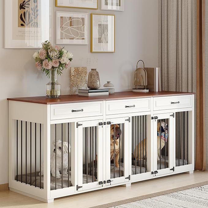 Dog Crate Furniture - Indoor Wooden Dog Kennel Furniture with 2 Dividers, 3 Drawers, and 3 Lockable Doors - 72"x23.6"x31.5"H, White