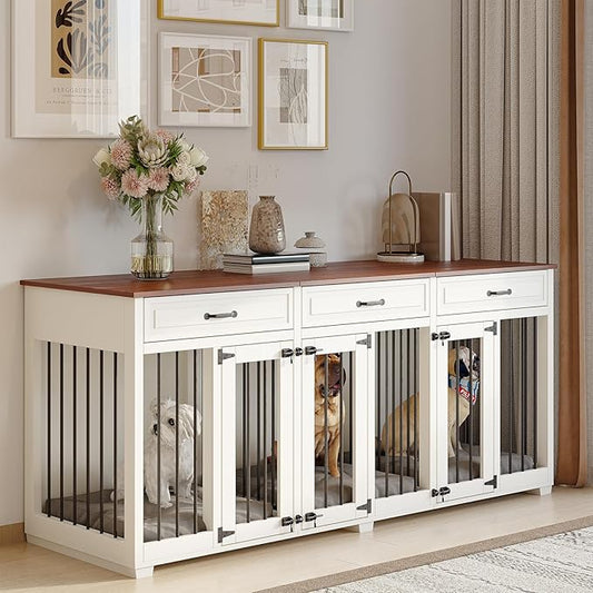 Dog Crate Furniture - Indoor Wooden Dog Kennel Furniture with 2 Dividers, 3 Drawers, and 3 Lockable Doors - 72"x23.6"x31.5"H, White