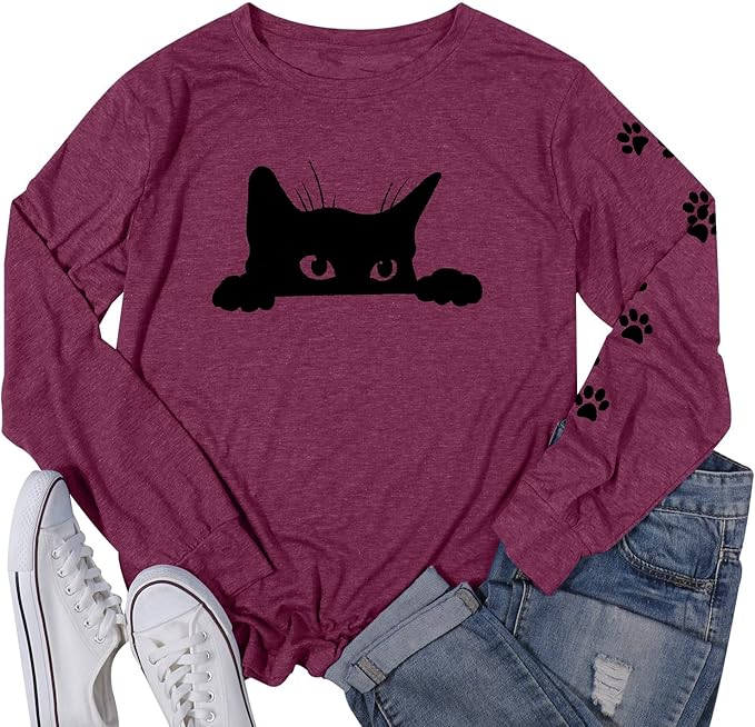 JINTING Cat Shirts for Women - Loose Fit Lightweight Long Sleeve Graphic Tee Fall Printed Crewneck Blouse Casual Tops