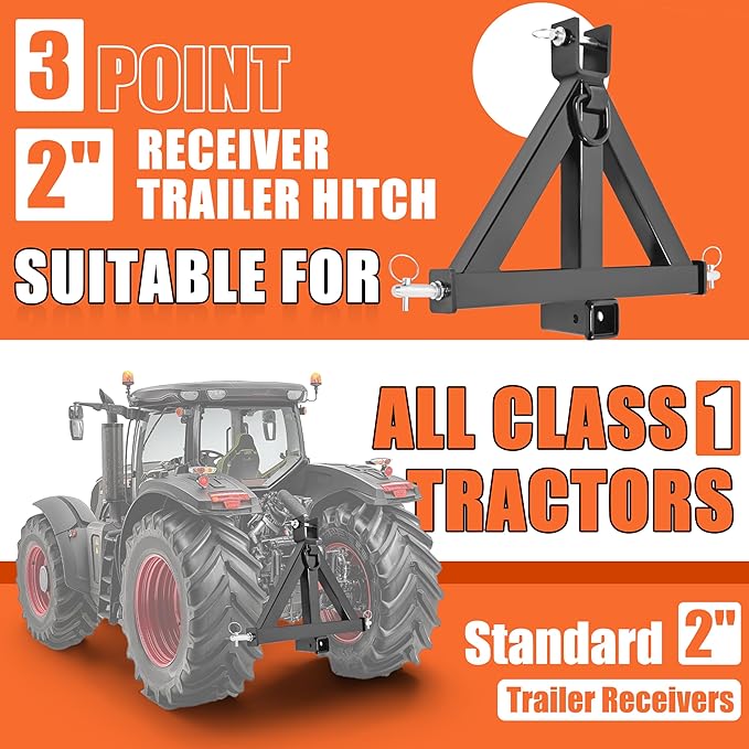 ECOTRIC 3 Point 2" Receiver Trailer Hitch Compatible with Kubota John Deere BX LM25H WLM NorTrac Yanmar Kioti Cat Tractor Drawbar Receiver Heavy Duty Quick Hitch Category 1 30"