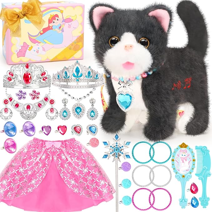 Tagitary Plush Cat Toy Can Repeats What You Say,Stuffed Interactive Cat Talking Musical Toys with Princess Pretend Jewelry Toy, Kids Dress Up Play Set Christmas Birthday Gift Party Favors for Toddlers