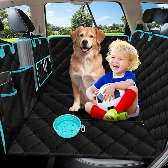 Black-Aqua Dog Car Seat Cover, Backseat Extender Hard Bottom, 100% Waterproof, Exclusive Zipper Design for Child Seat & Dog Seat Belt, Fits Small to Large Dogs or Multiple Pets